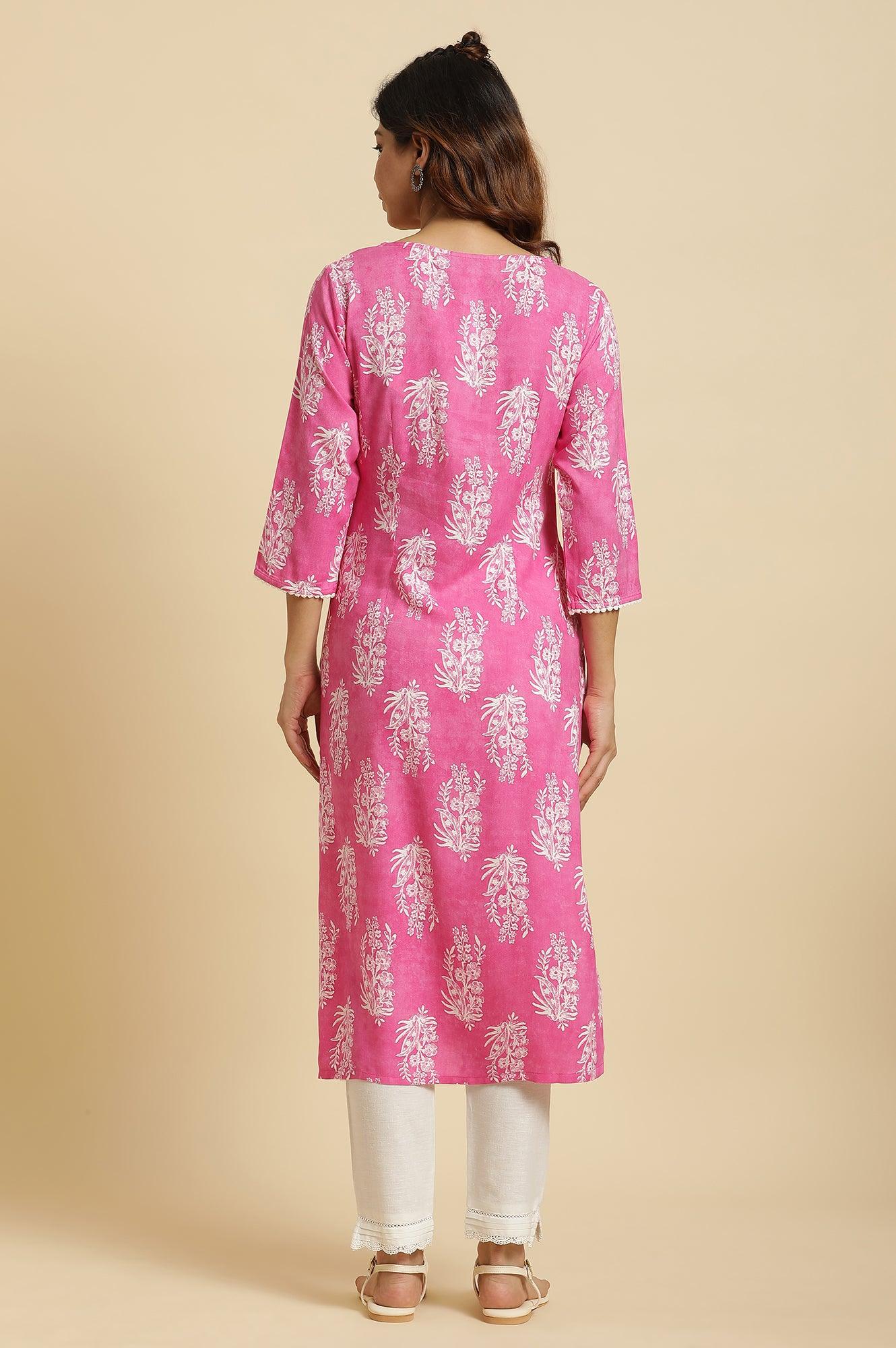 Pink Straight Kurta With Floral Print - wforwoman