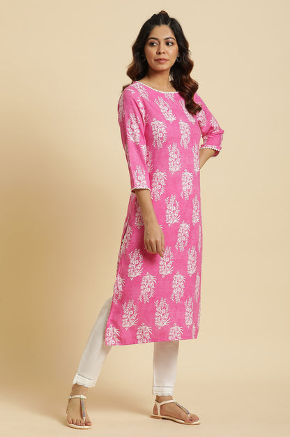 Pink Floral Straight Rayon Kurta