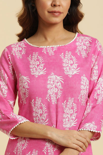 Pink Floral Printed Rayon Straight Kurta and Slim Pant Set