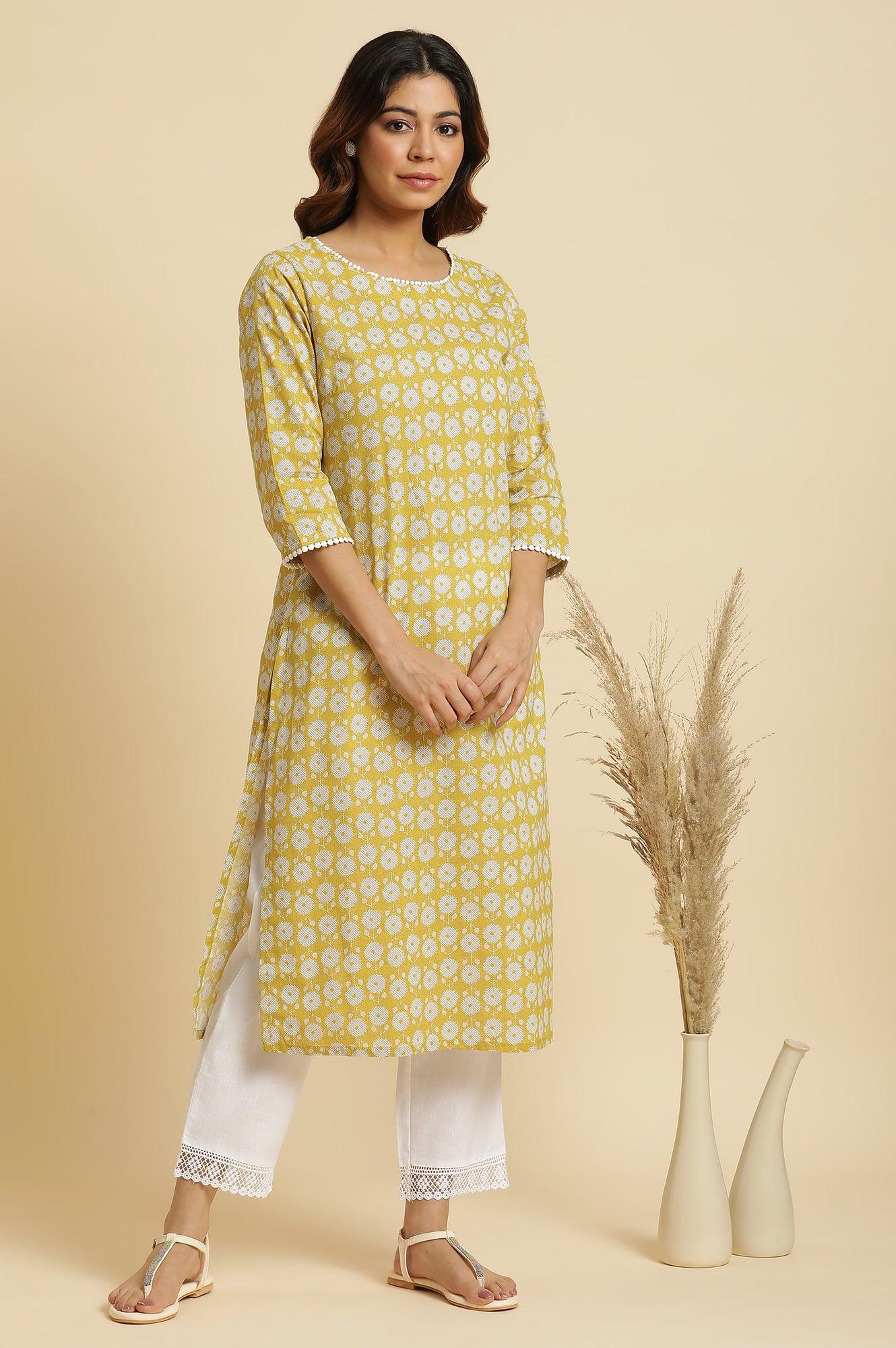 Yellow Abstract Printed Straight Kurta - wforwoman