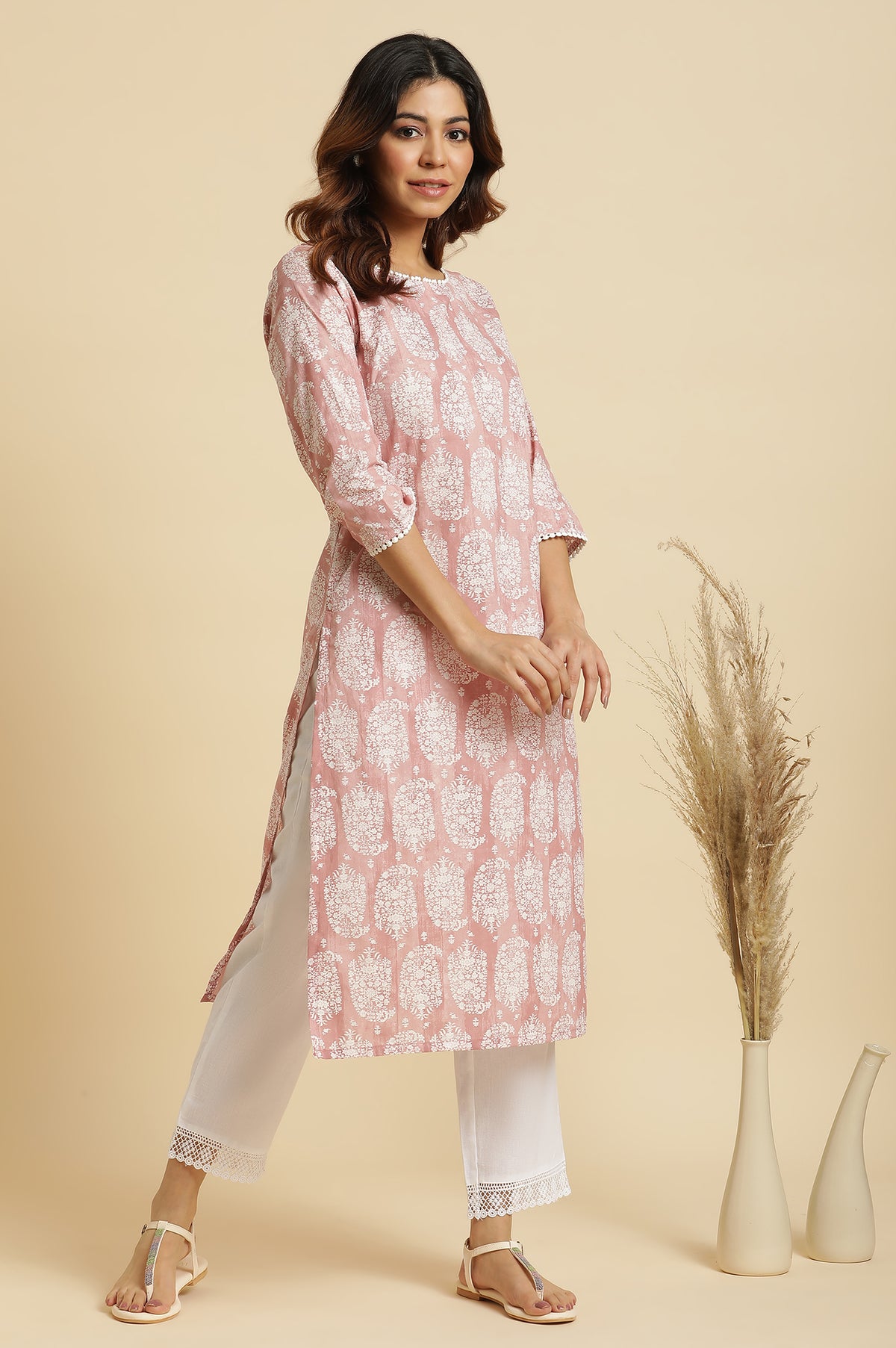 Pink Paisley Printed Cotton Kurta - XS