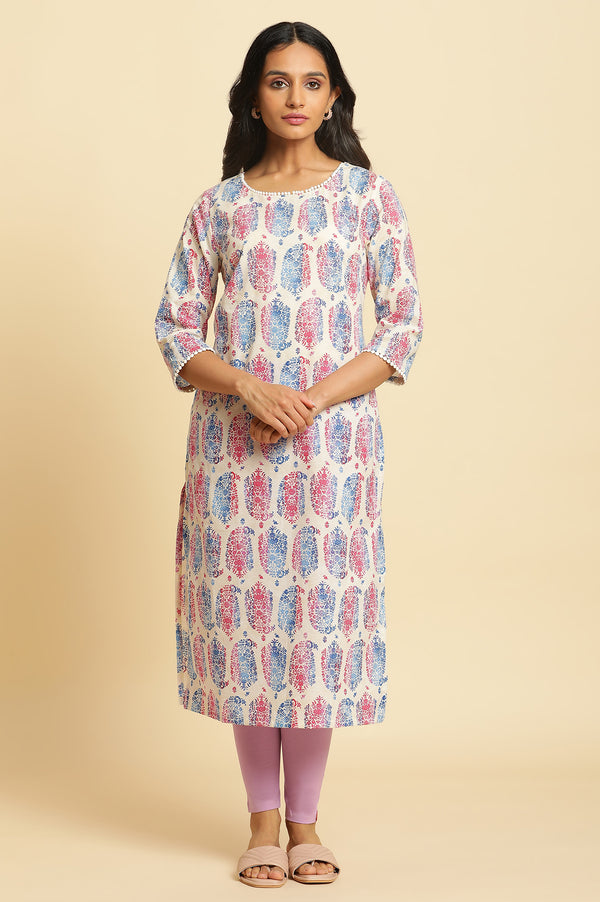 Ecru Straight Kurta in Bright Multi-coloured Prints