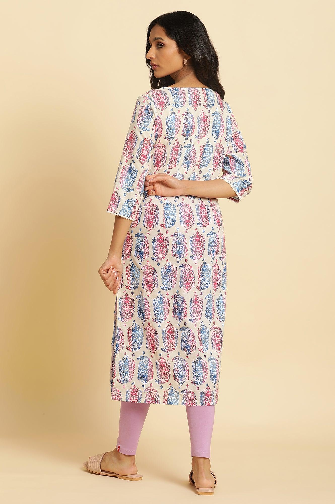 Ecru Straight Kurta In Bright Multi-Coloured Prints - wforwoman