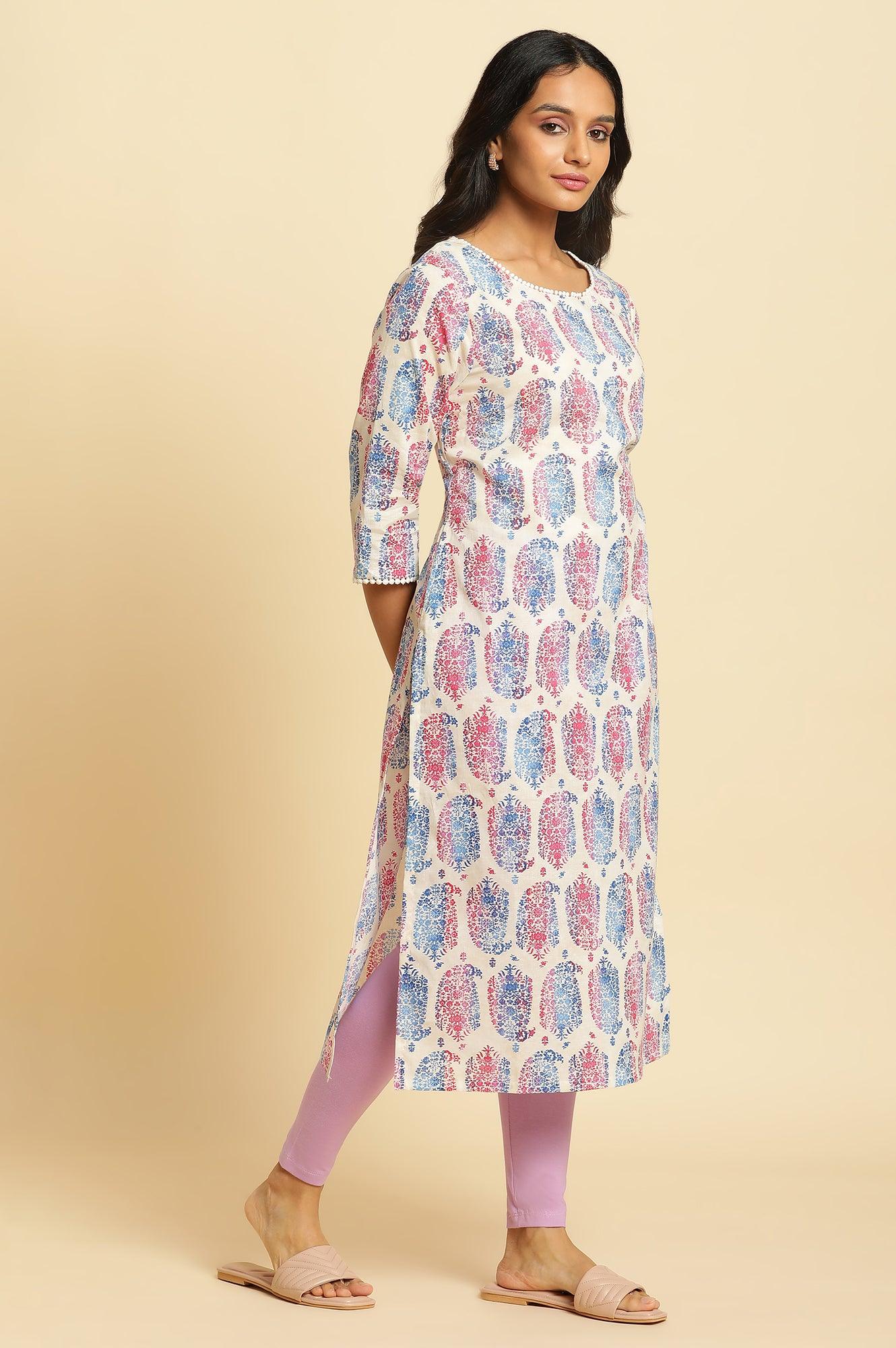Ecru Straight Kurta In Bright Multi-Coloured Prints - wforwoman