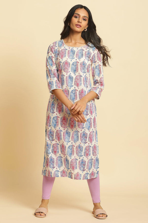 Ecru Straight Kurta In Bright Multi-Coloured Prints
