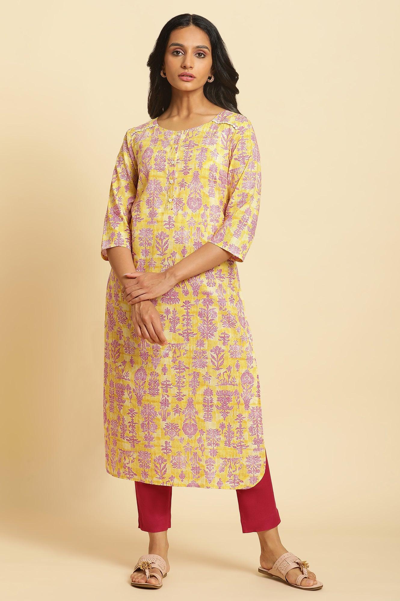 Yellow Floral Printed Straight Kurta - wforwoman