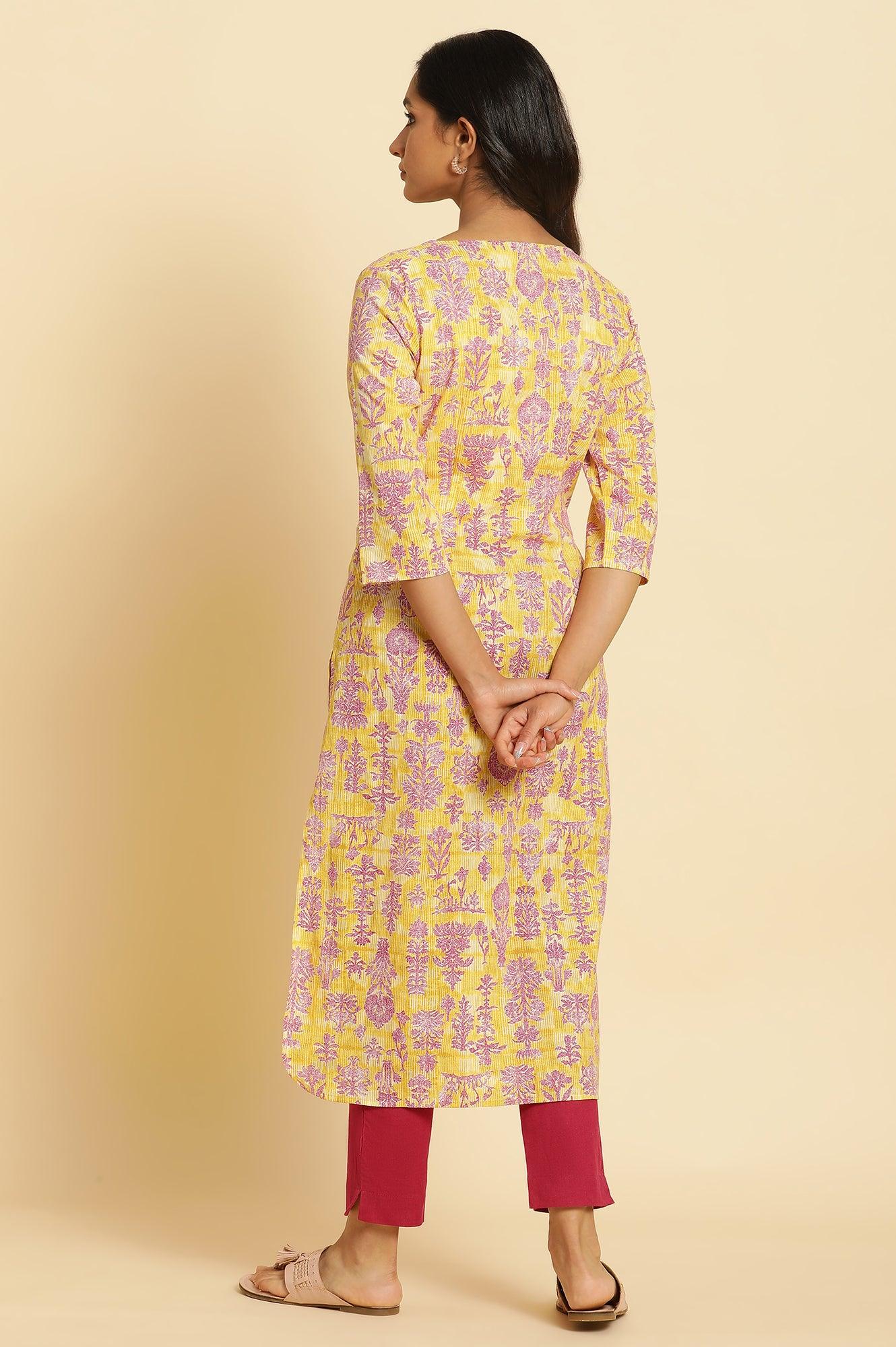 Yellow Floral Printed Straight Kurta - wforwoman