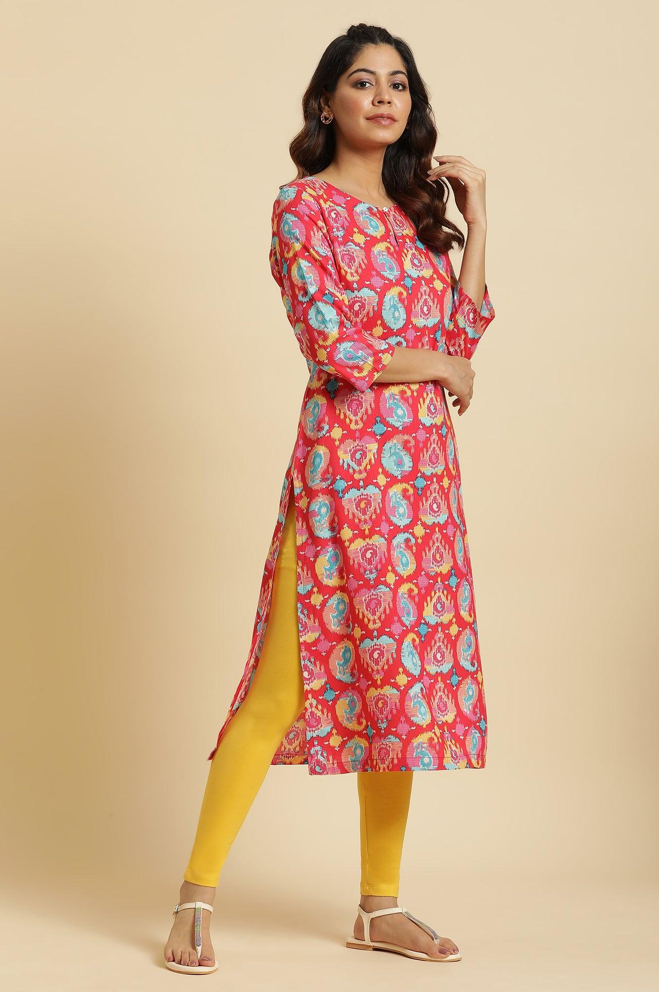 Red Straight Kurta With Multi-Coloured Print - wforwoman