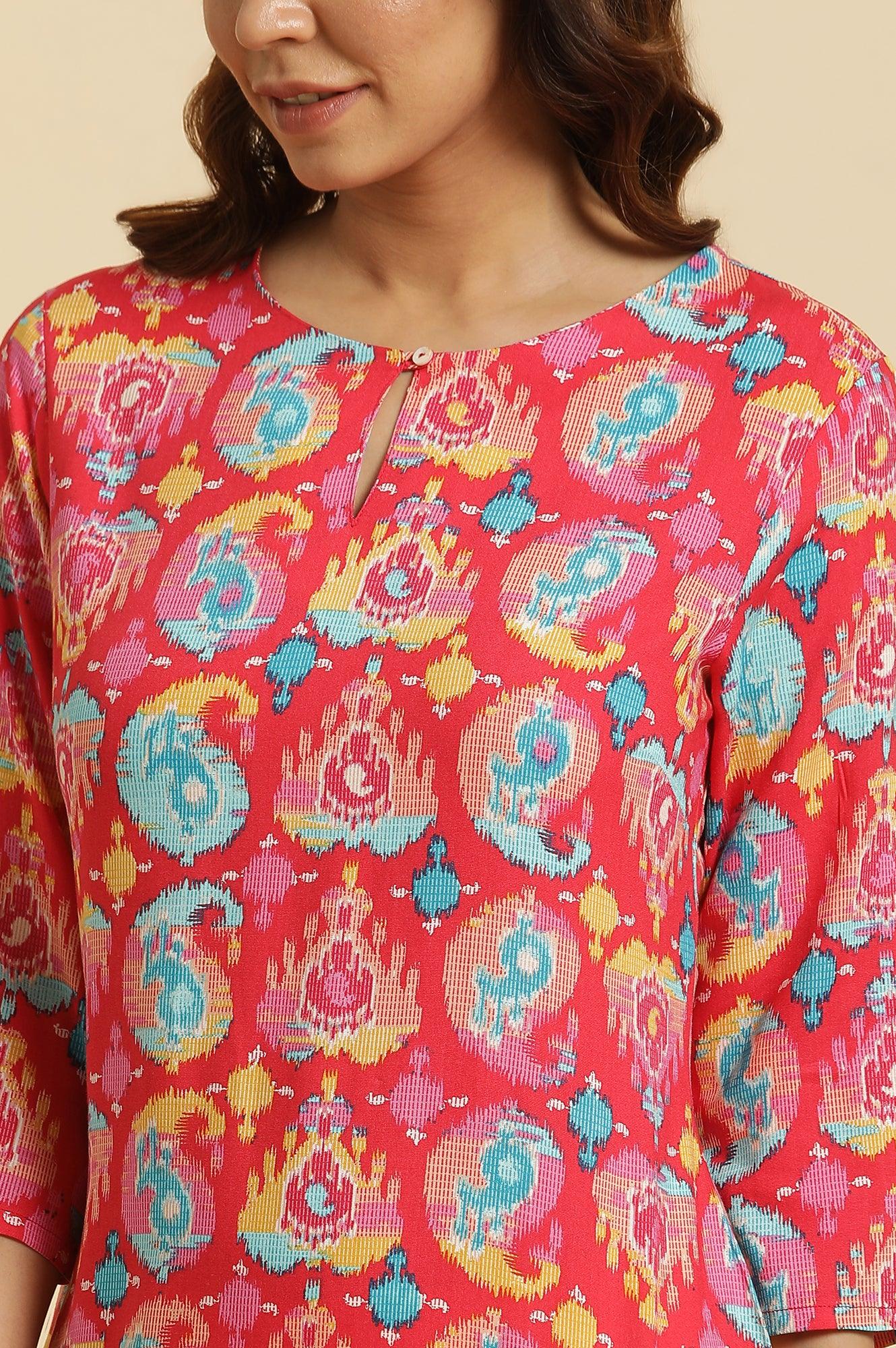 Red Straight Kurta With Multi-Coloured Print - wforwoman