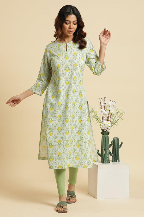 Light Green Floral Printed Rayon Straight Kurta