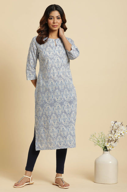 Blue Straight Cotton Kurta In Green Paisley Print - wforwoman
