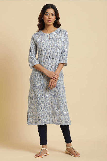 Blue Straight Cotton Kurta In Green Paisley Print - wforwoman