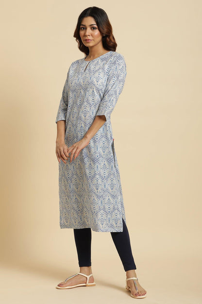 Blue Straight Cotton Kurta In Green Paisley Print - wforwoman