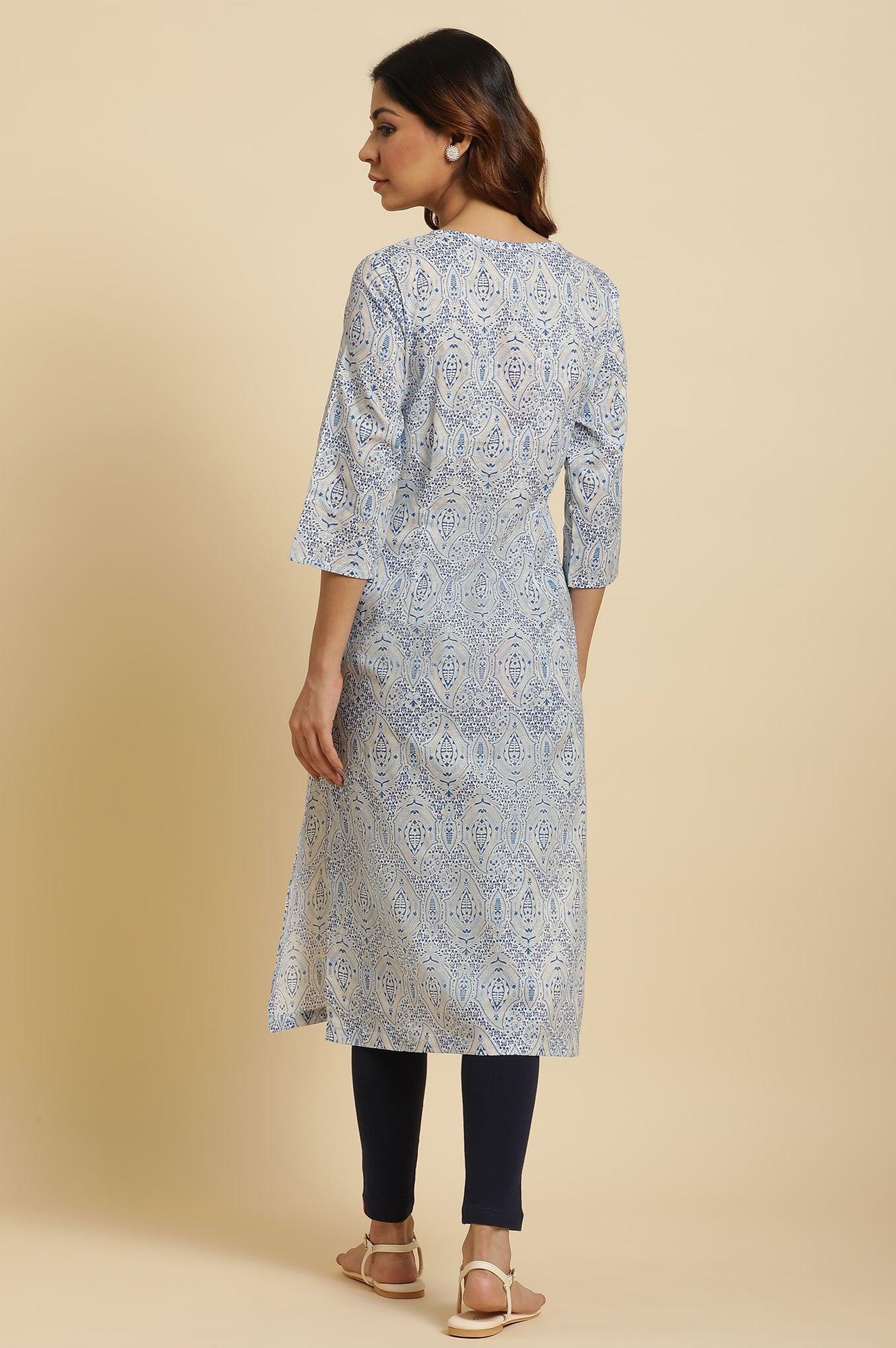 Blue Straight Cotton Kurta In Green Paisley Print - wforwoman