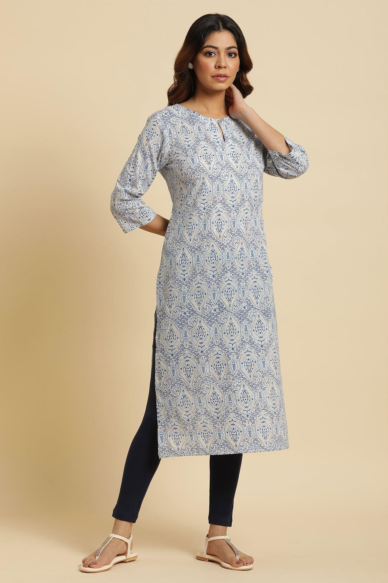 Blue Straight Cotton Kurta In Green Paisley Print - wforwoman