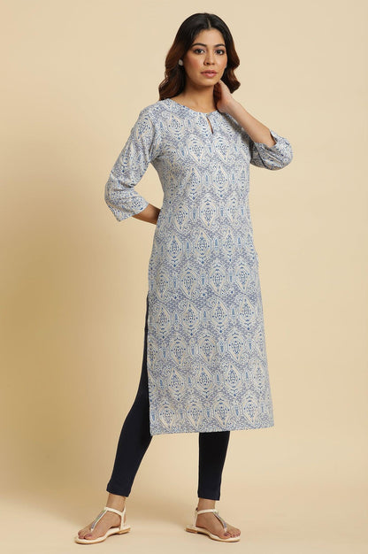 Blue Straight Cotton Kurta In Green Paisley Print - wforwoman