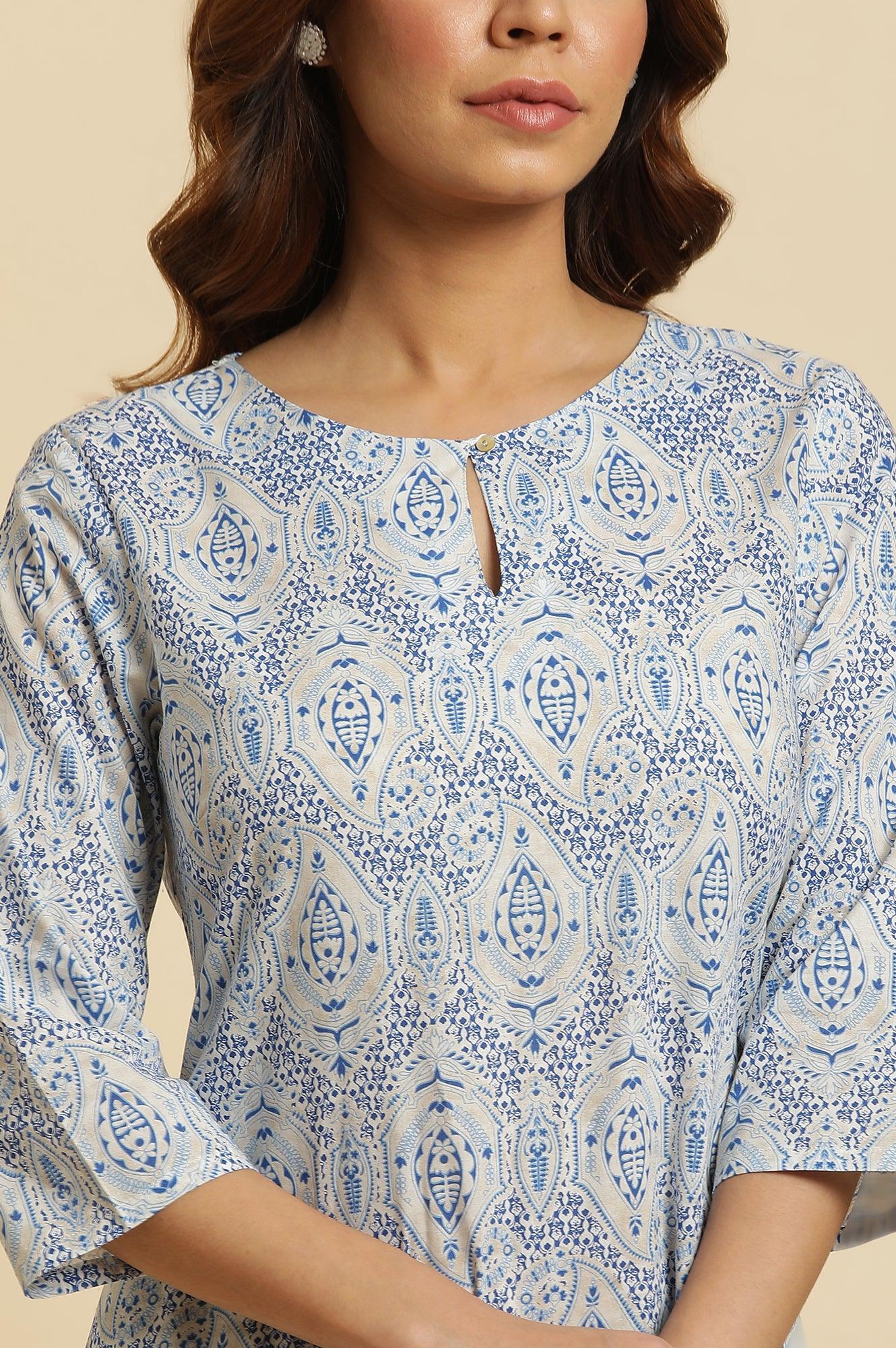 Blue Straight Cotton Kurta In Green Paisley Print - wforwoman