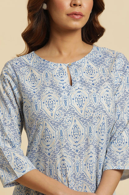 Blue Straight Cotton Kurta In Green Paisley Print - wforwoman