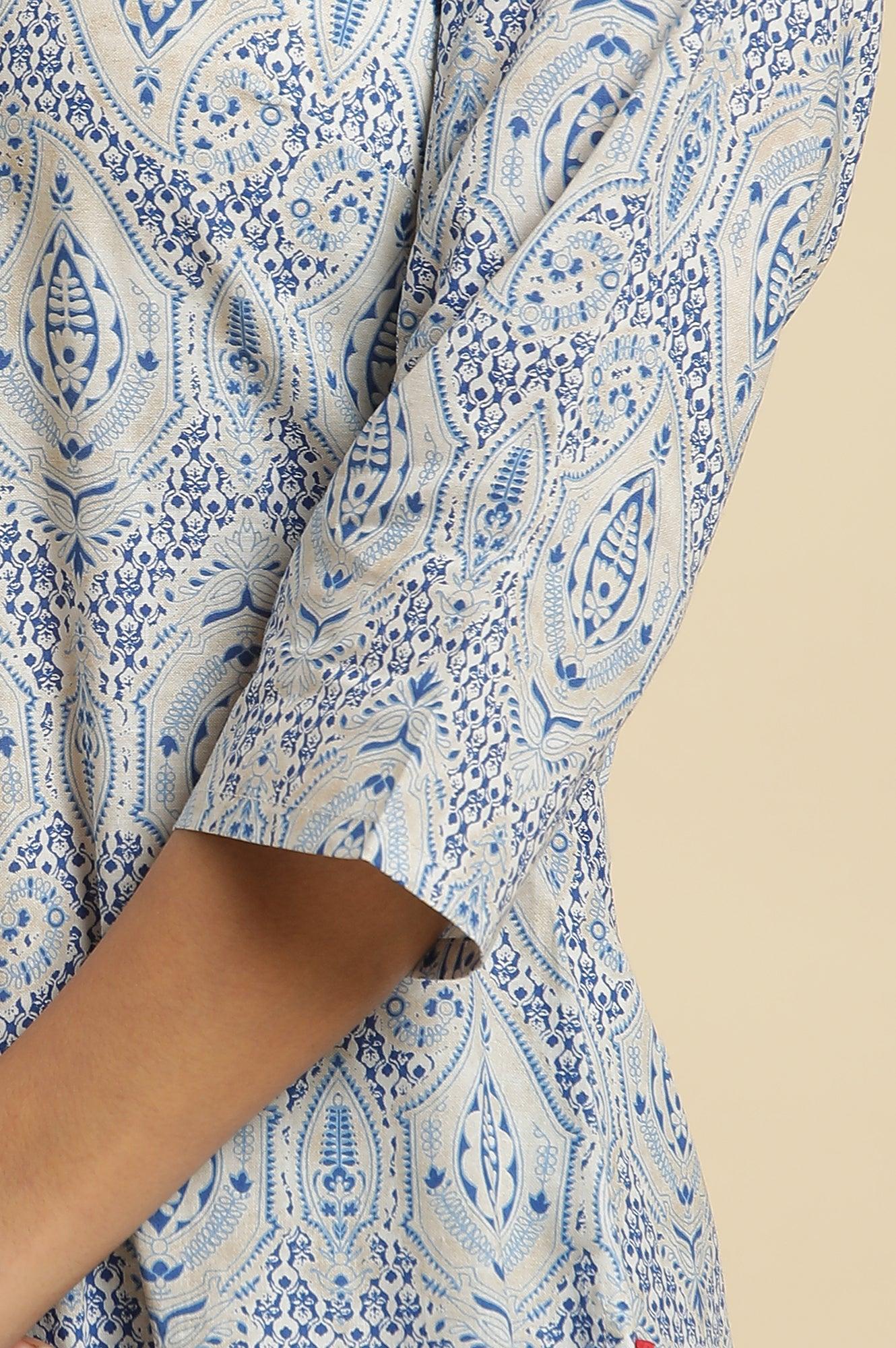 Blue Straight Cotton Kurta In Green Paisley Print - wforwoman