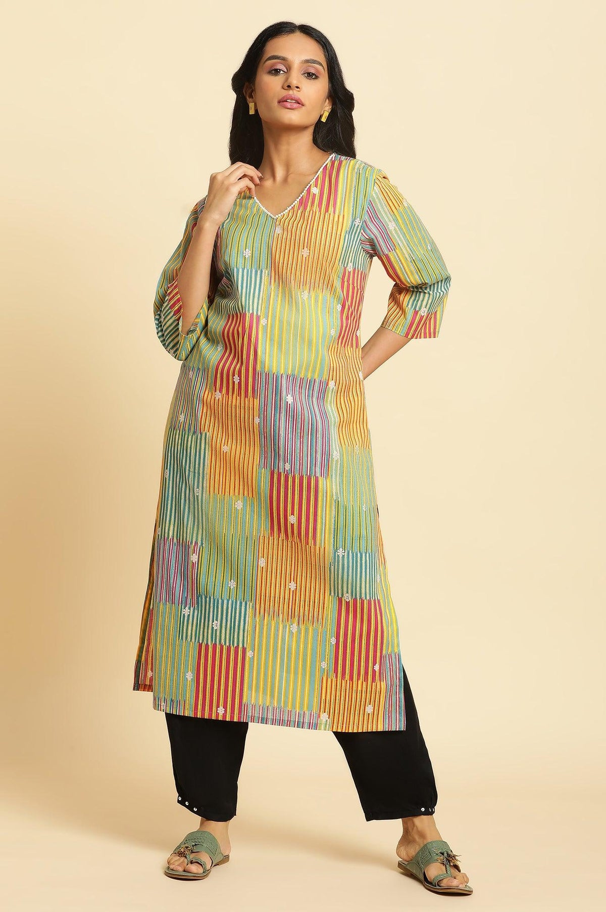 Multi-Coloured Printed Straight Kurta With Lace - M