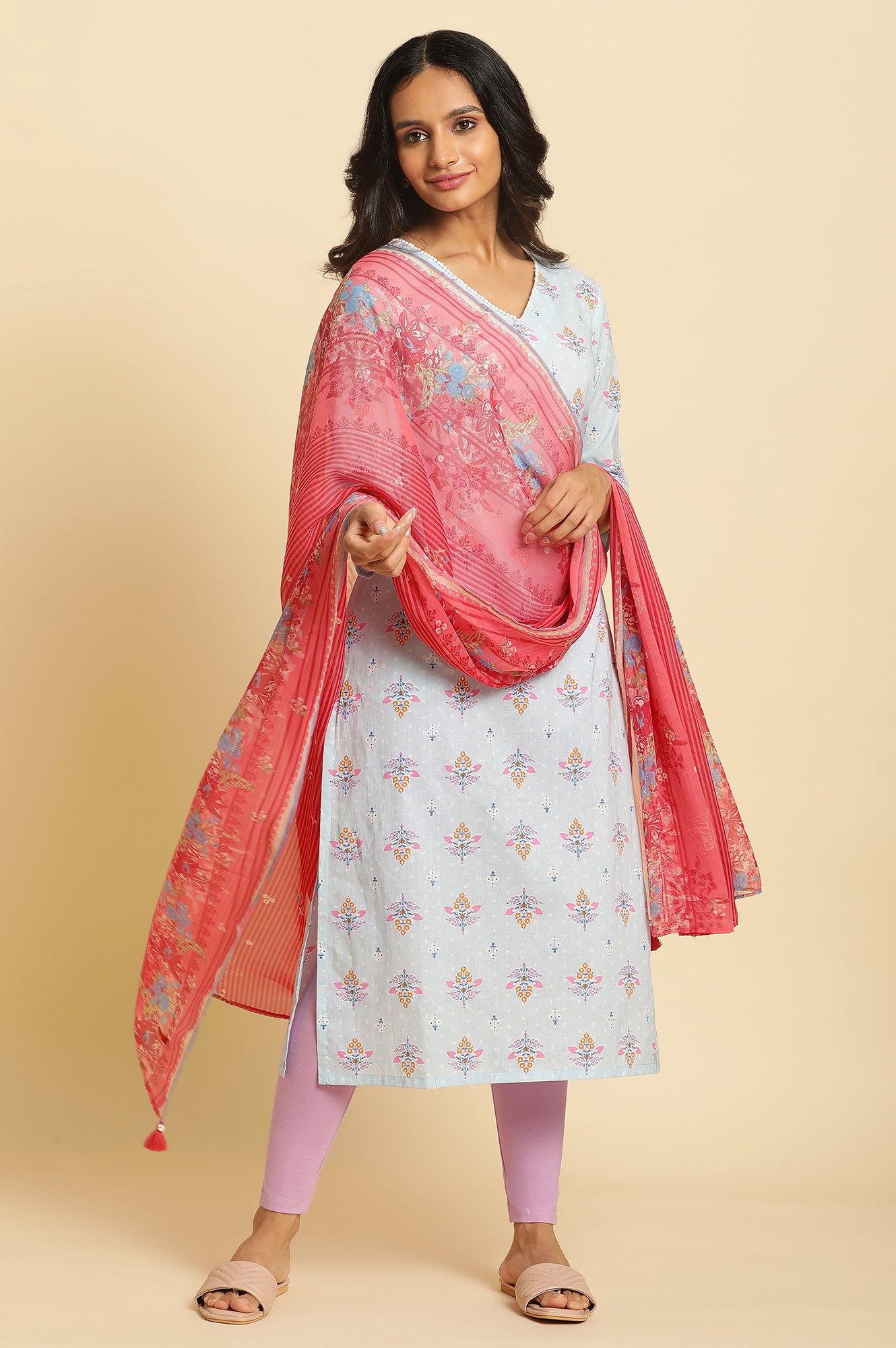Blue Floral Printed Straight Kurta