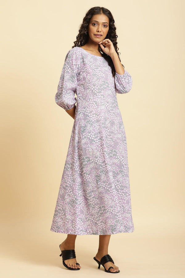 Purple Floral Printed Flared Long Dress