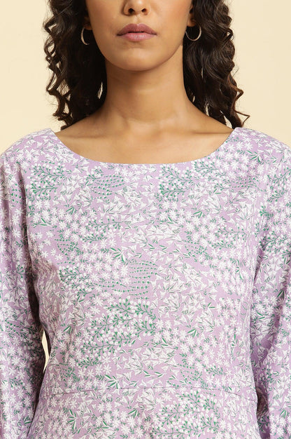 Purple Floral Printed Flared Long Dress - wforwoman