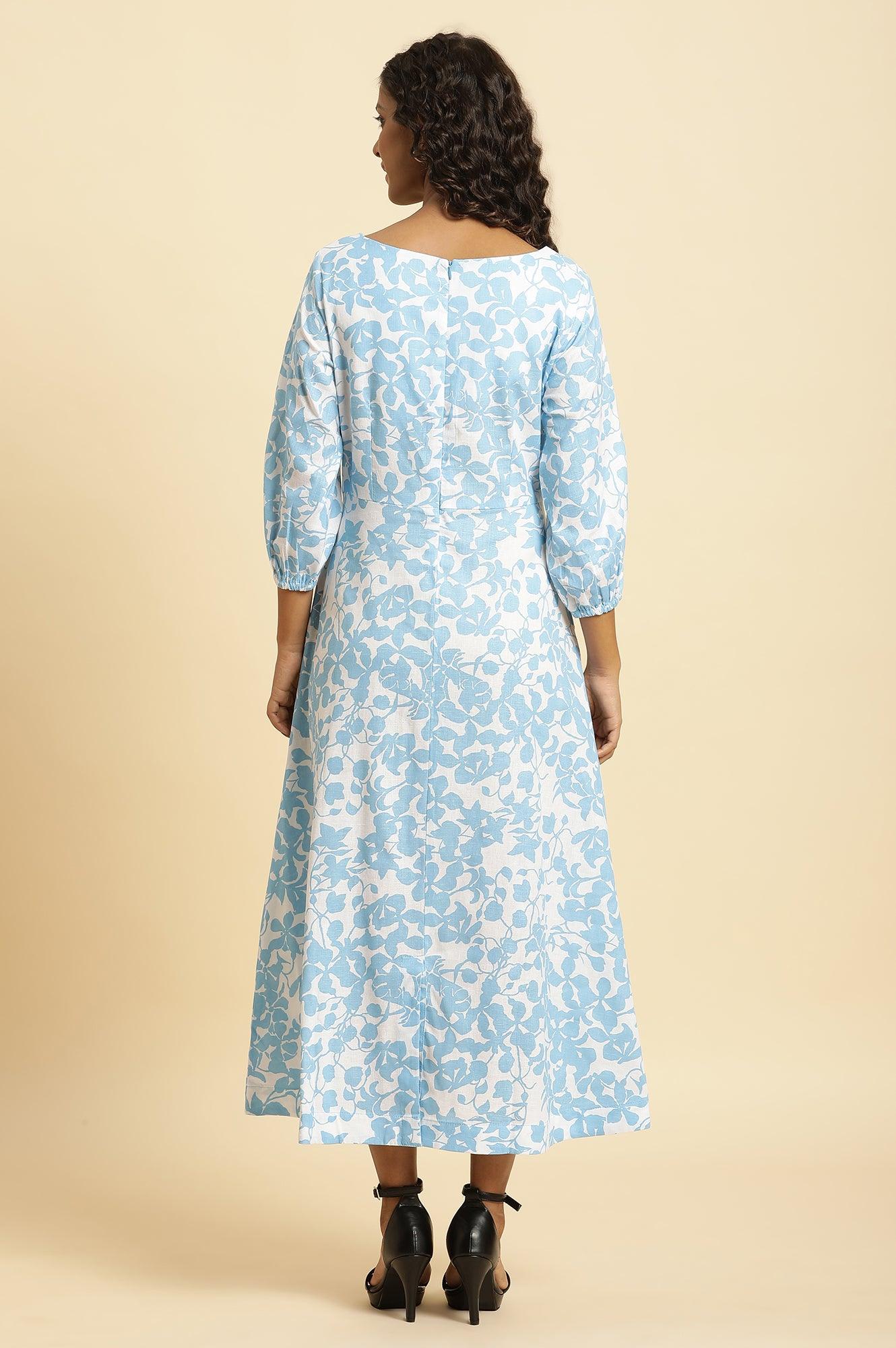 White And Blue Floral Printed Flared Long Dress - wforwoman