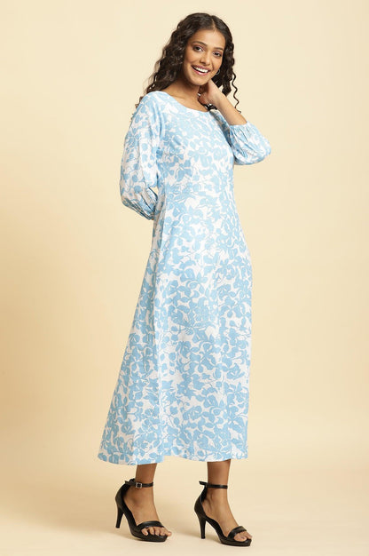 White And Blue Floral Printed Flared Long Dress - wforwoman