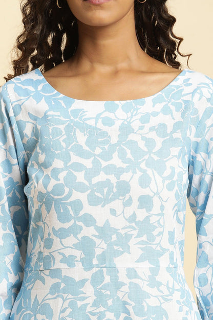 White And Blue Floral Printed Flared Long Dress - wforwoman