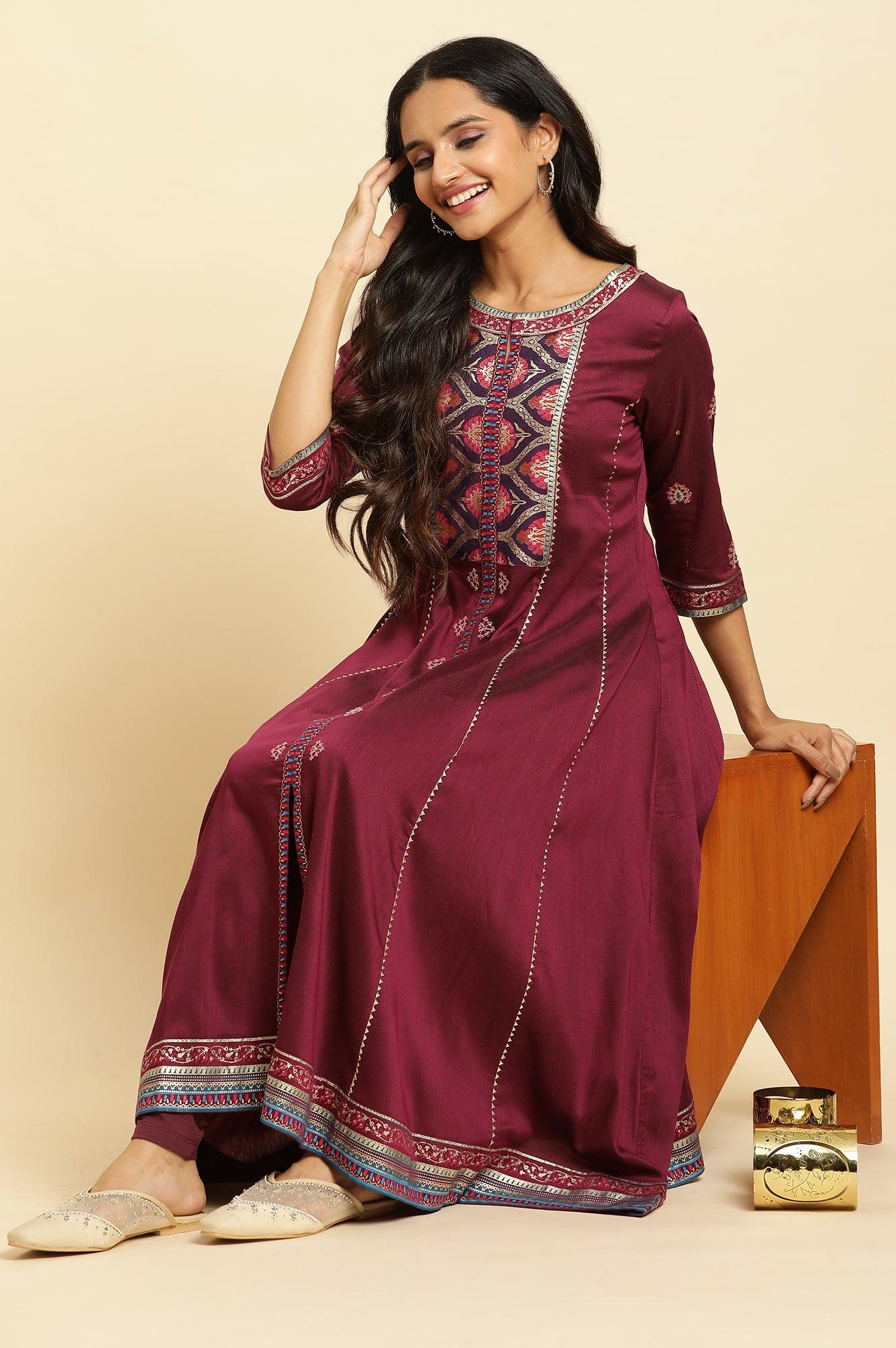Purple Embroidered Flared Kurta - wforwoman