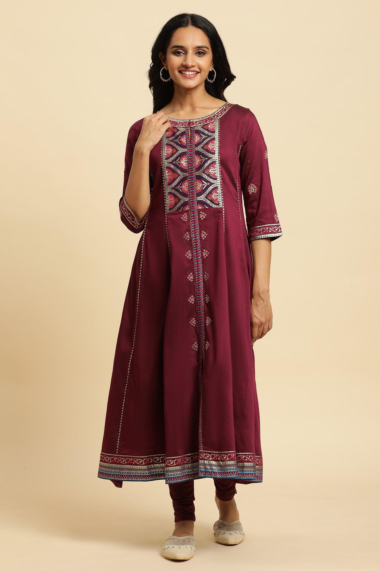 Purple Embroidered Flared Kurta - wforwoman
