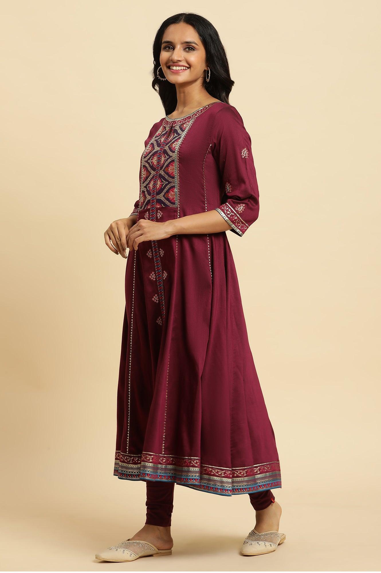 Purple Embroidered Flared Kurta - wforwoman