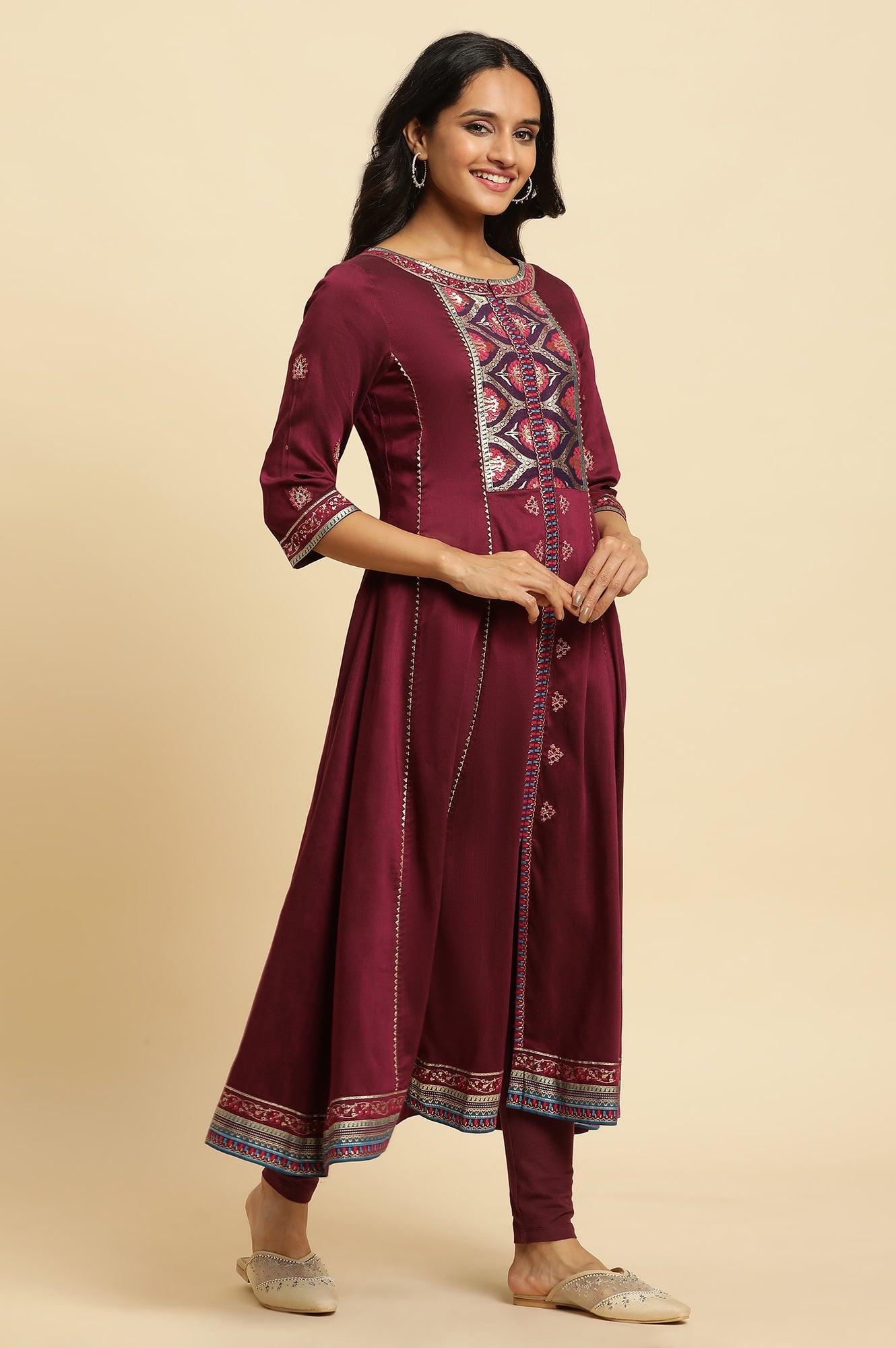 Purple Embroidered Flared Kurta - wforwoman