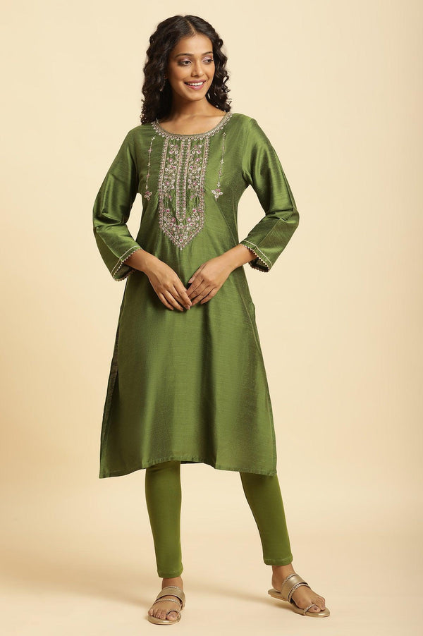 Green Zari Embroidered Festive Straight Kurta