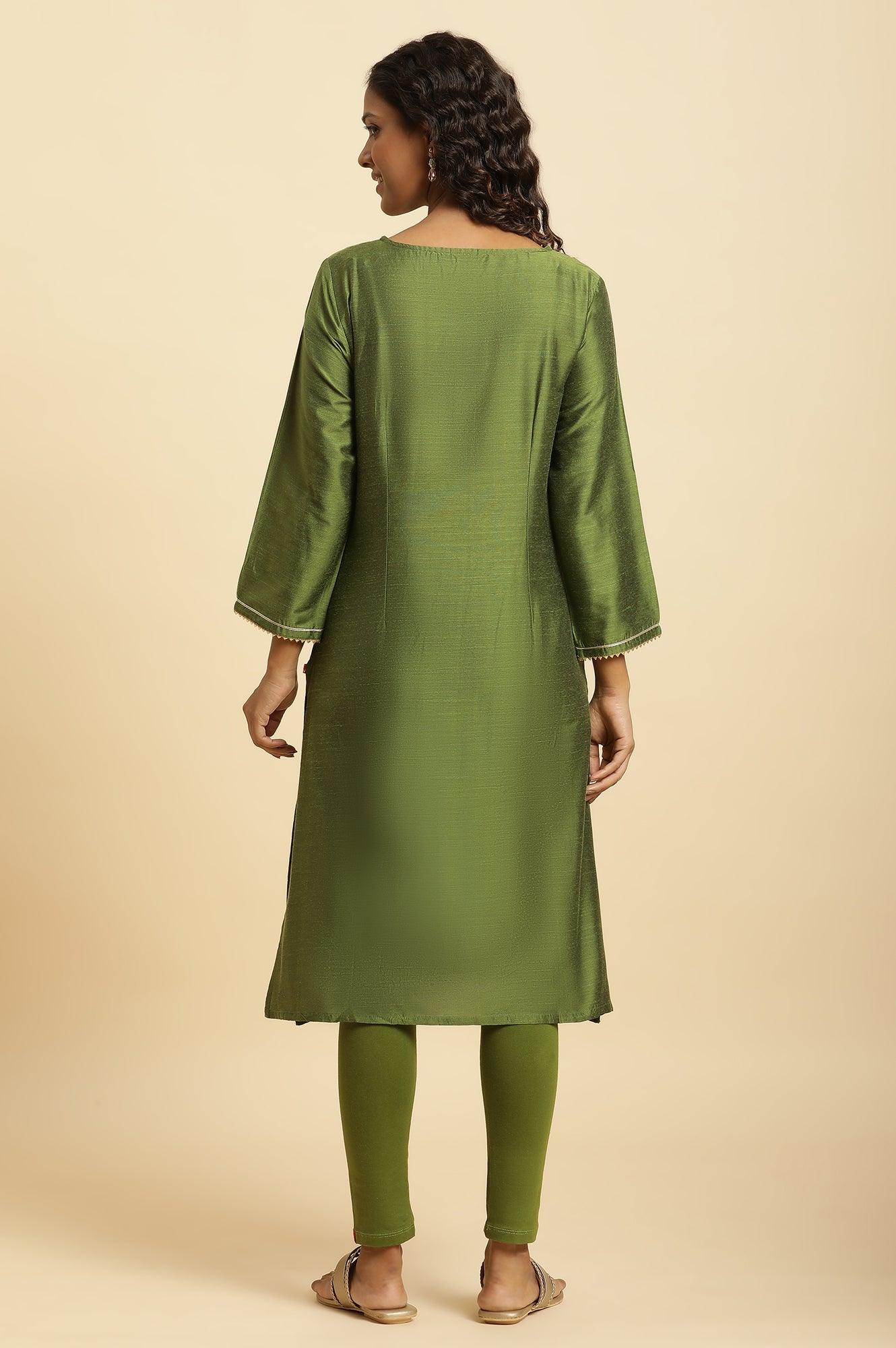 Green Zari Embroidered Festive Kurta - wforwoman