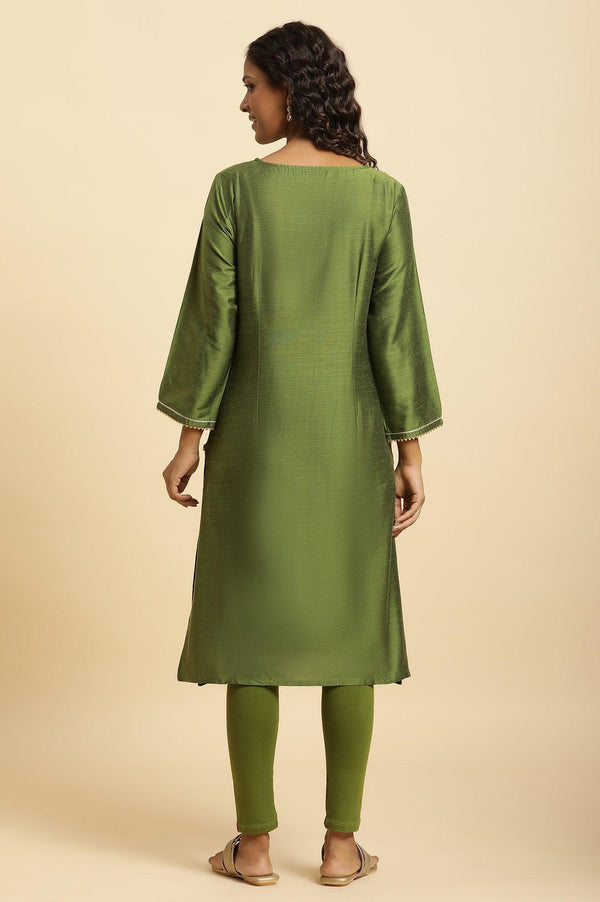 Green Zari Embroidered Festive Straight Kurta