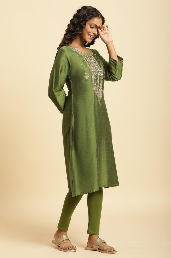 Green Zari Embroidered Festive Straight Kurta