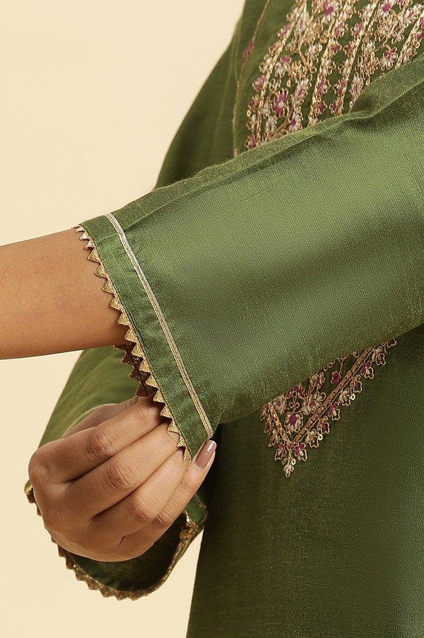 Green Zari Embroidered Festive Straight Kurta
