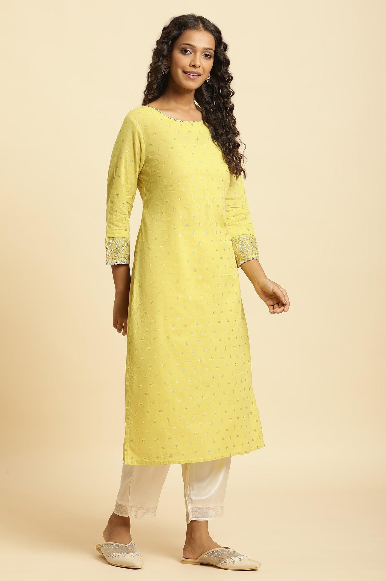 Lime Yellow Embroidered Festive Kurta - wforwoman