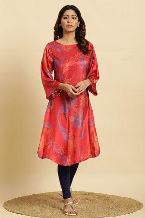 Red Bold Floral Printed Satin A-Line Kurta