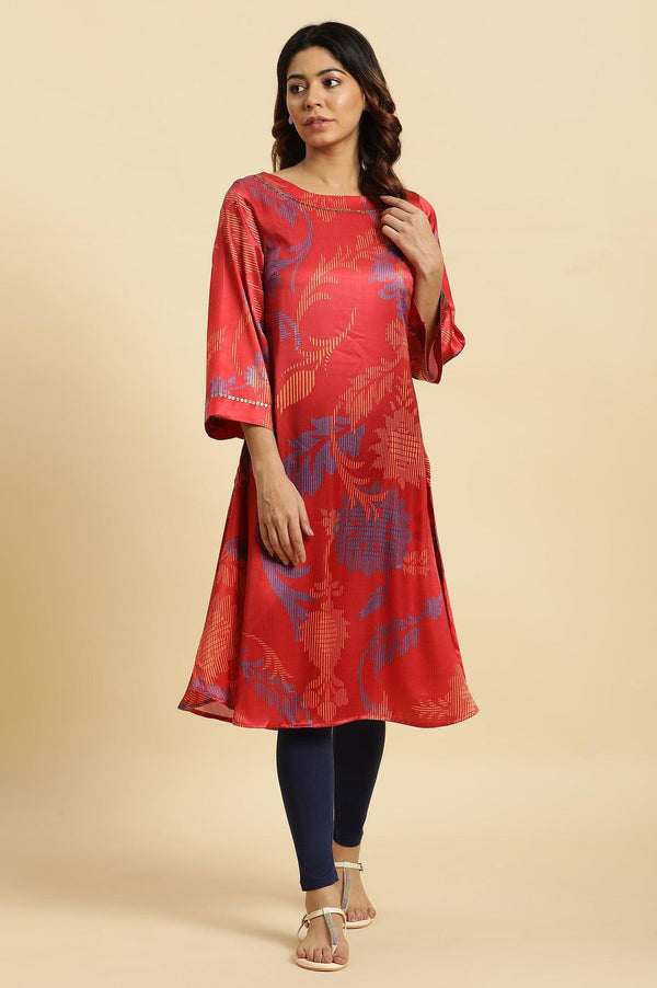 Red Bold Floral Printed Satin A-Line Kurta