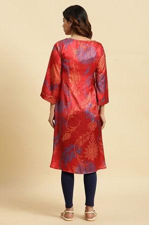 Red Bold Floral Printed Satin A-Line Kurta - wforwoman
