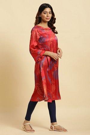 Red Bold Floral Printed Satin A-Line Kurta - wforwoman