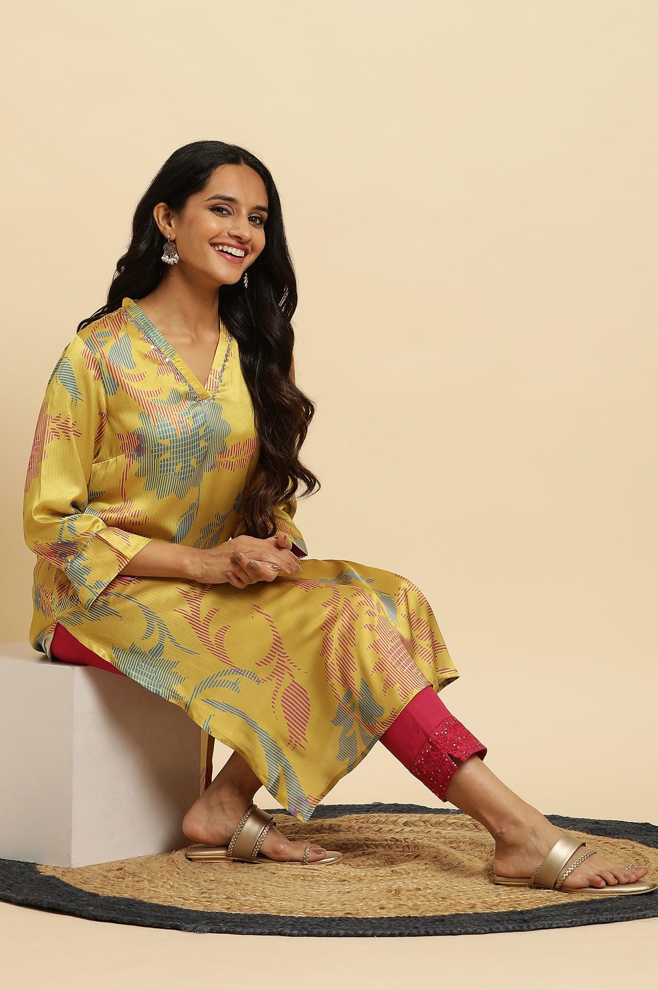 Yellow Japanese Satin Floral Printed Kurta - wforwoman