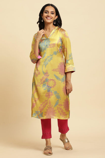 Yellow Japanese Satin Floral Printed Kurta - wforwoman