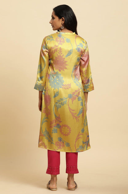 Yellow Japanese Satin Floral Printed Kurta - wforwoman