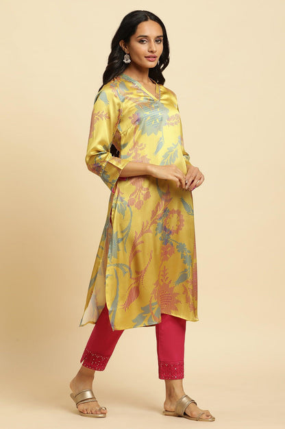 Yellow Japanese Satin Floral Printed Kurta - wforwoman