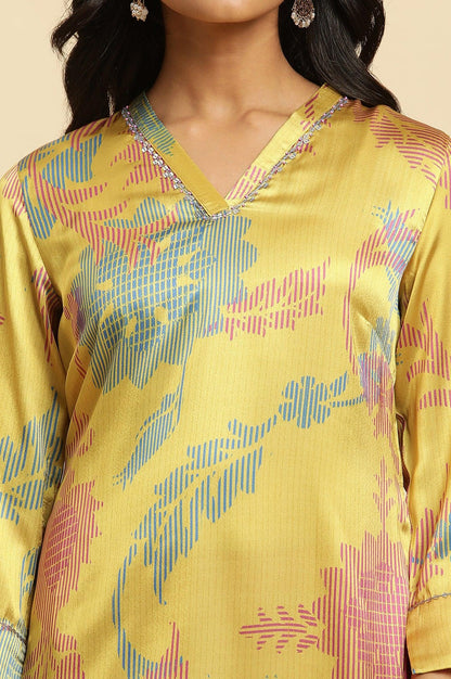 Yellow Japanese Satin Floral Printed Kurta - wforwoman