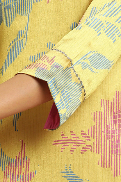 Yellow Japanese Satin Floral Printed Kurta - wforwoman